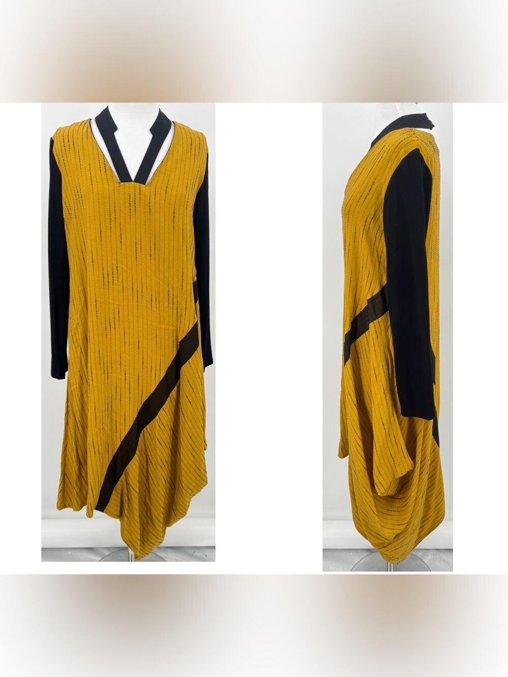 LUUKAA Lagenlook Asymmetrical Dress Size 10 Yellow Stripe Artsy Avant Garde NEW